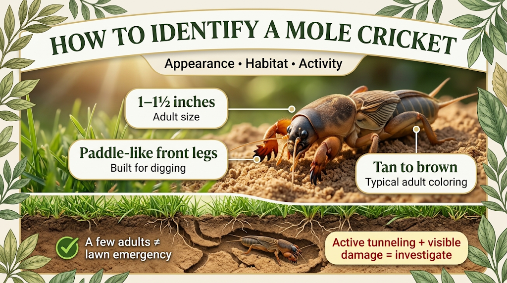 Mole cricket identification showing the insect’s distinctive body and shovel-like front legs.