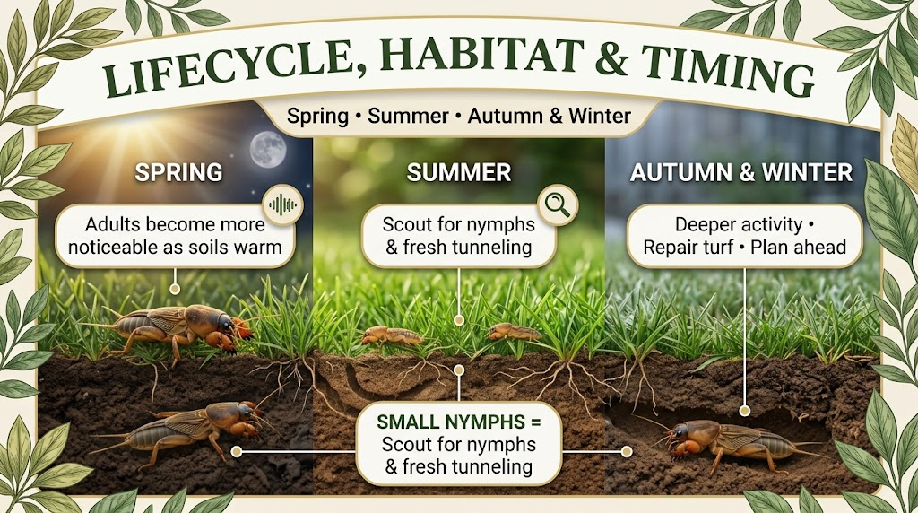 Mole cricket lifecycle showing eggs, nymphs, adults, and seasonal activity in lawn soil.