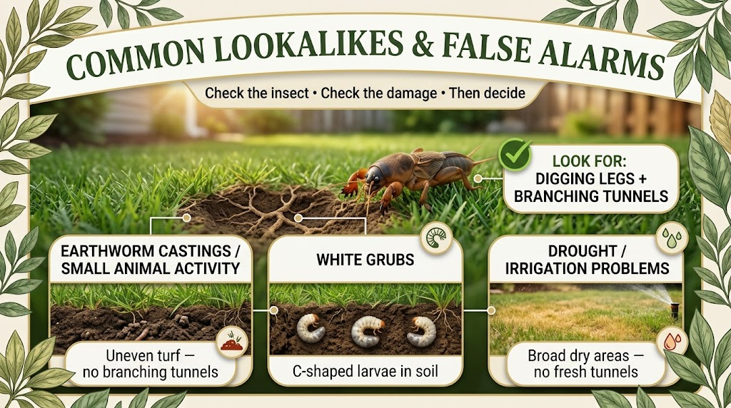  Mole cricket lookalikes and common lawn damage symptoms that can be mistaken for mole cricket activity.