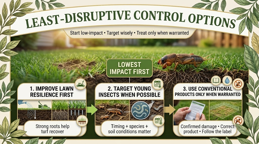 Mole cricket control methods focused on lawn care, targeted treatment, and minimizing unnecessary pesticide use.