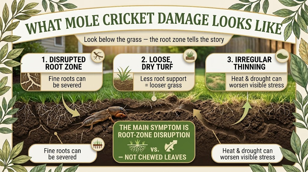 Mole cricket damage showing disrupted roots, loose grass, surface tunnels, and thinning patches in a lawn.