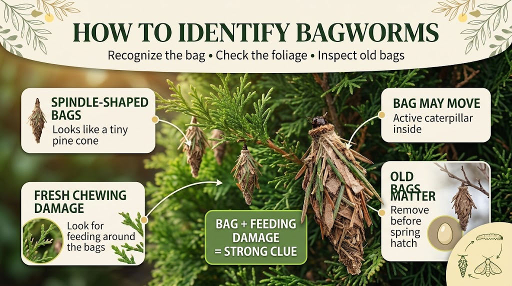 Bagworms on plant branches, showing their distinctive protective cases attached to foliage.