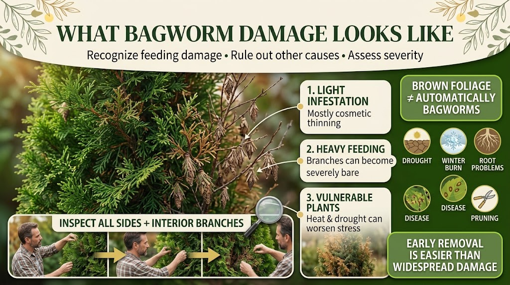 Bagworm feeding damage showing defoliated and thinning foliage on an infested plant.
