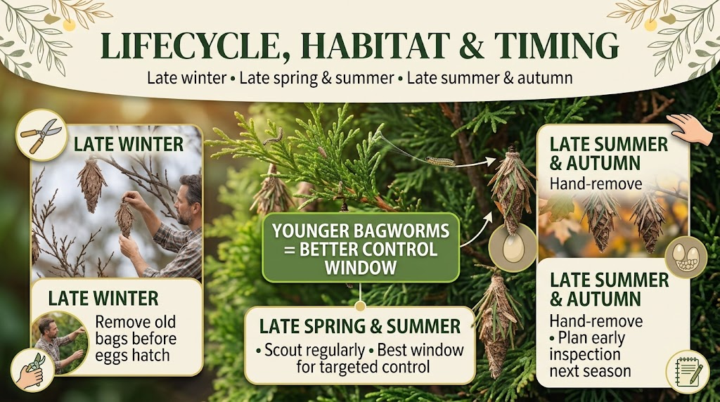 Bagworm lifecycle showing eggs, young caterpillars, mature larvae, pupae, and adult moths.
