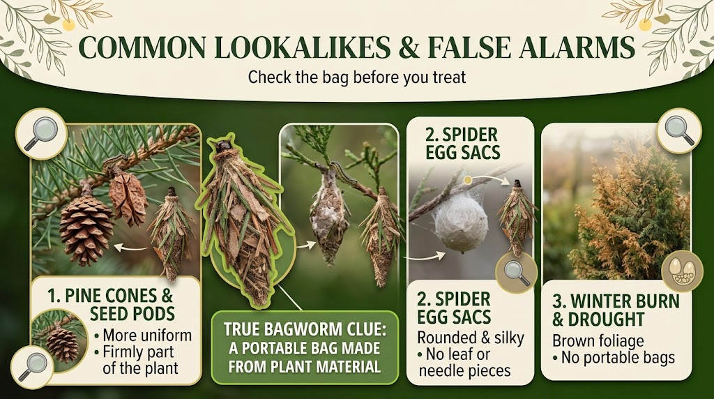 Bagworms and similar plant pests or debris that can be mistaken for bagworm cases.