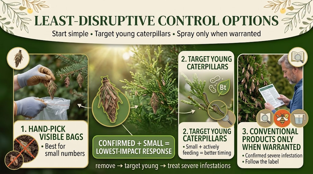  Bagworm control using hand-picking, targeted treatment, and careful pest-management methods.