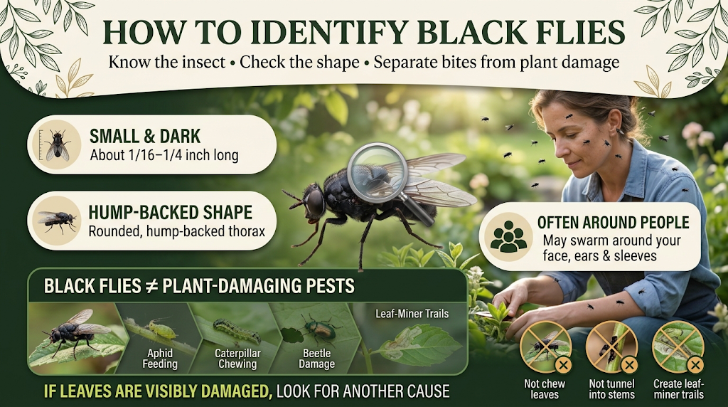 Close-up view of a black fly showing its small dark body, wings, and distinctive appearance for identification.