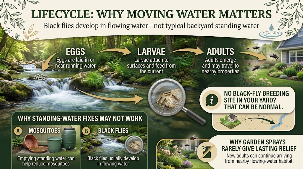 Black fly larvae developing in clean, fast-moving water attached to submerged rocks or aquatic plants.