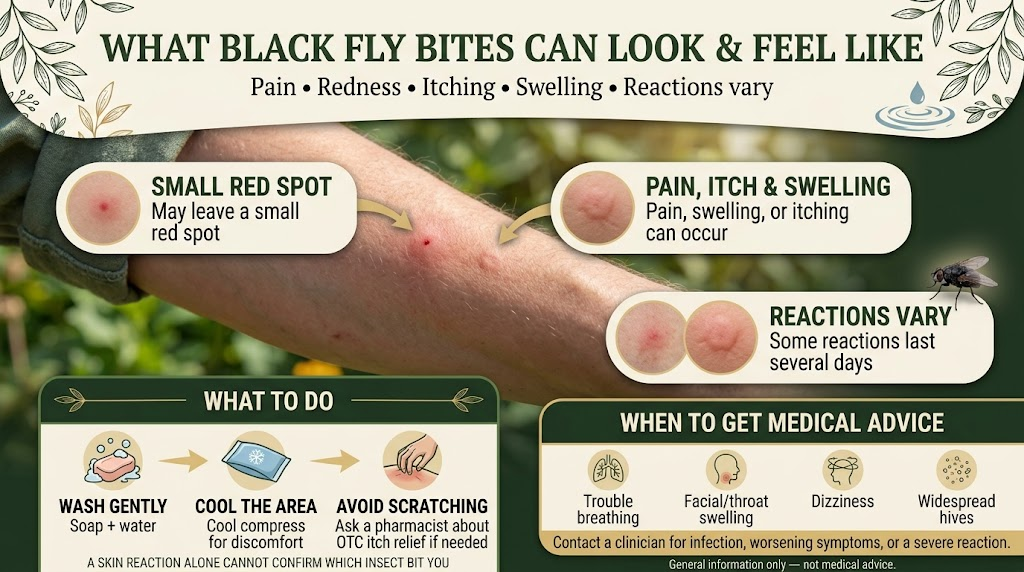 Close-up of skin showing the redness, swelling, and irritation that can occur after a black fly bite.