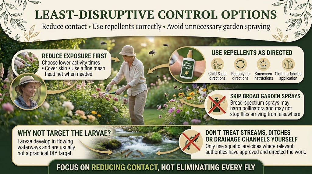 Practical black fly control methods focused on reducing exposure and limiting unnecessary pesticide use.