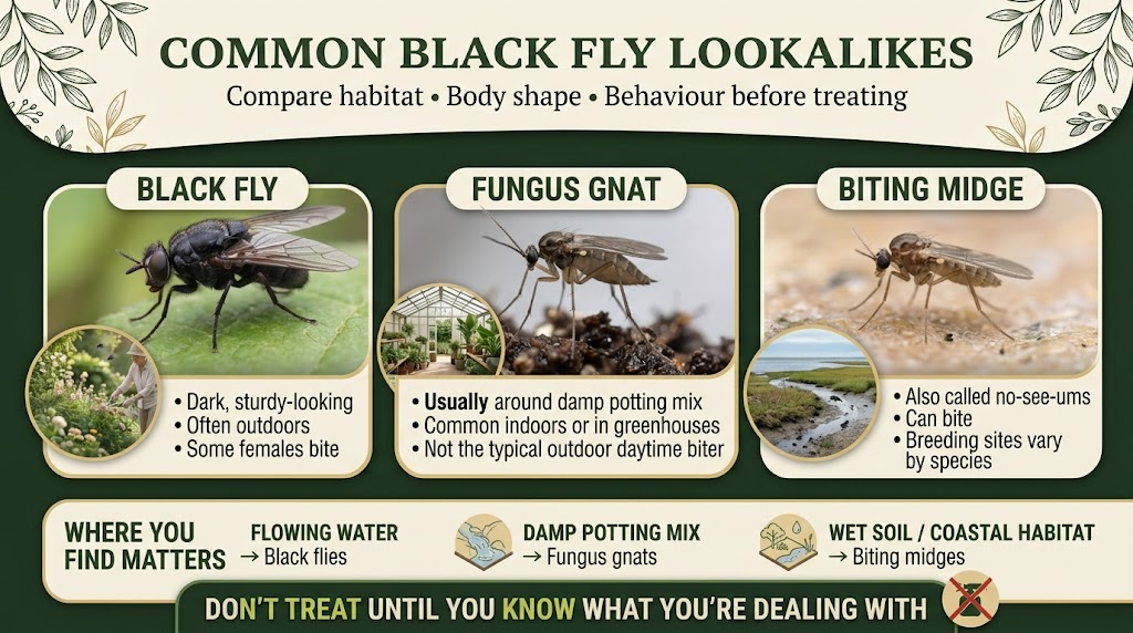 Comparison of black flies with other small flying insects that may look similar but have different features.