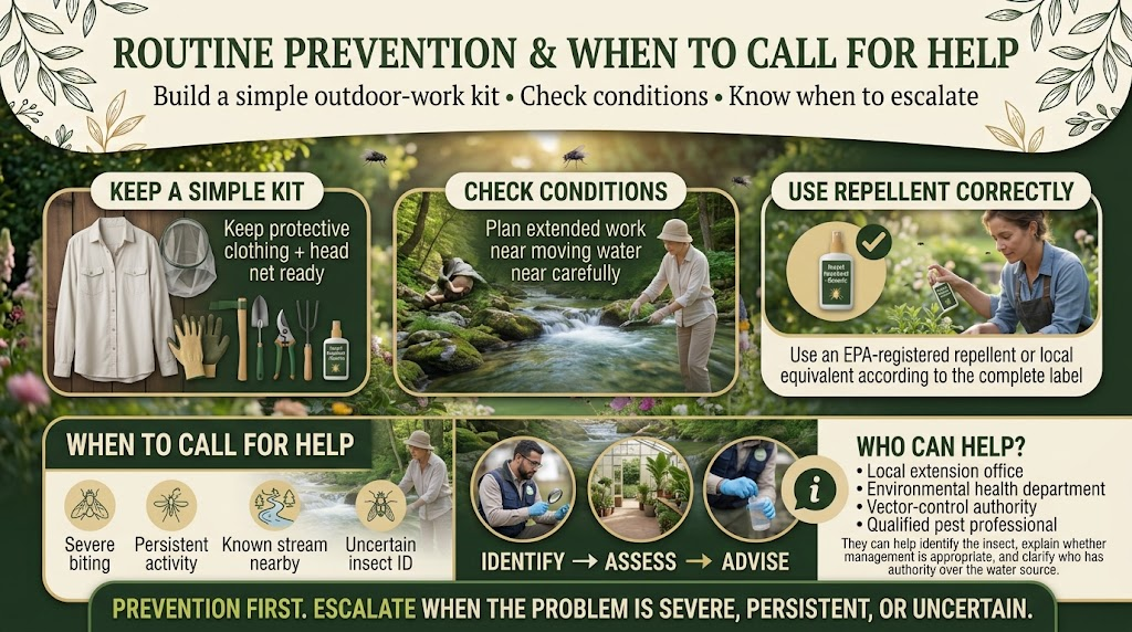 Outdoor black fly prevention routine showing protective clothing, insect repellent, and other ways to reduce bites.
Pest control professional assessing an outdoor area for black fly activity and potential sources.