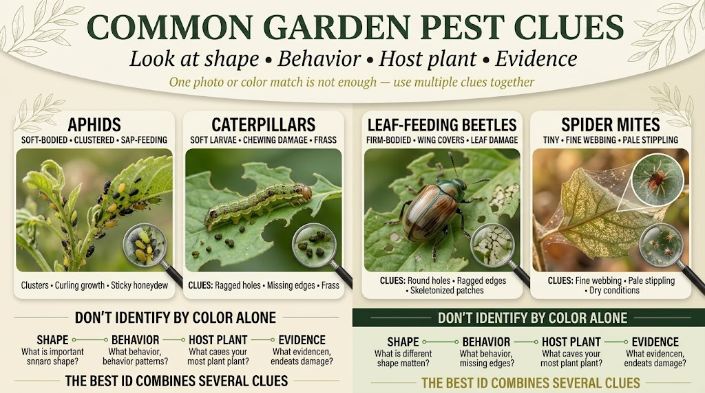 Common garden pest clues visible on leaves, stems, and garden plants