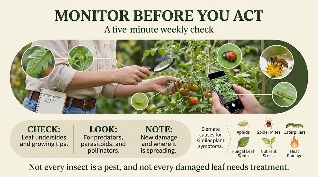Gardener inspecting plants for early signs of pests before choosing a control method.