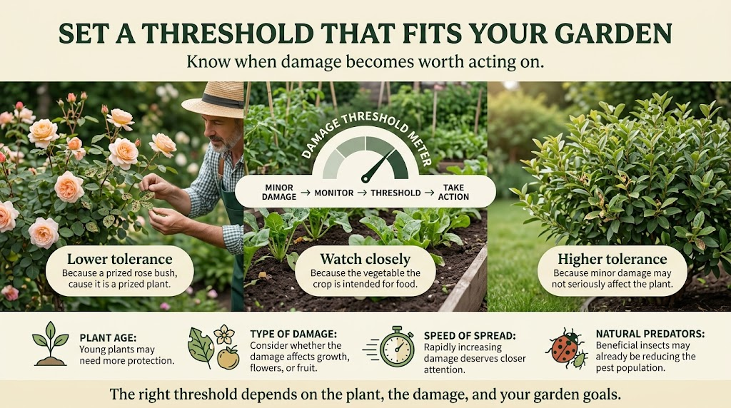 Gardener performing a quick weekly inspection of leaves, stems, and plants for pests.
 Gardener assessing pest levels to decide when pest control is necessary.