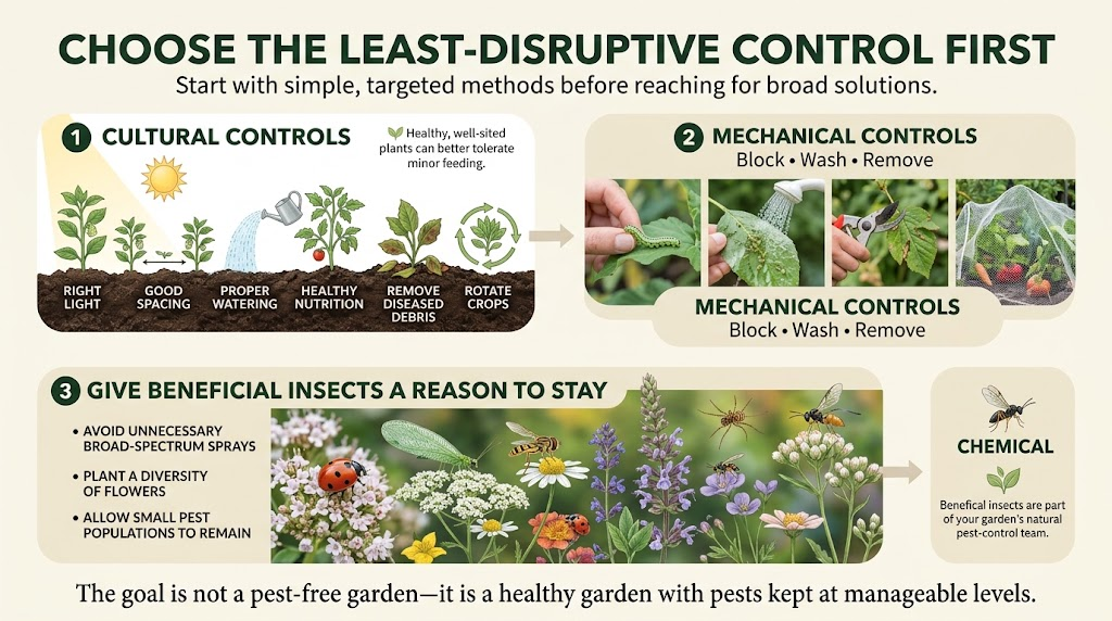  IPM approach using the least-disruptive method to manage garden pests.