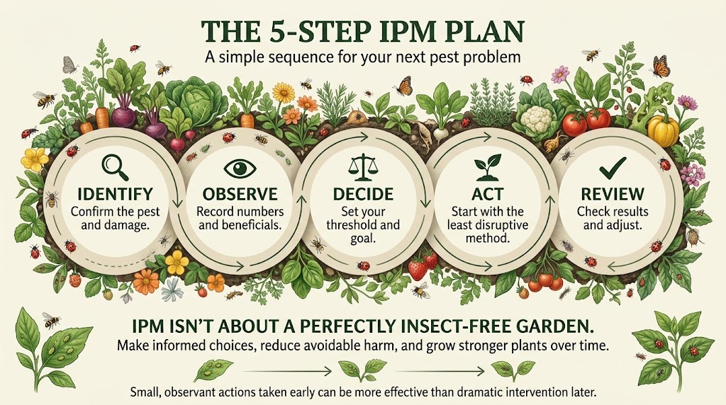  Five-step integrated pest management plan for identifying, monitoring, and controlling garden pests.