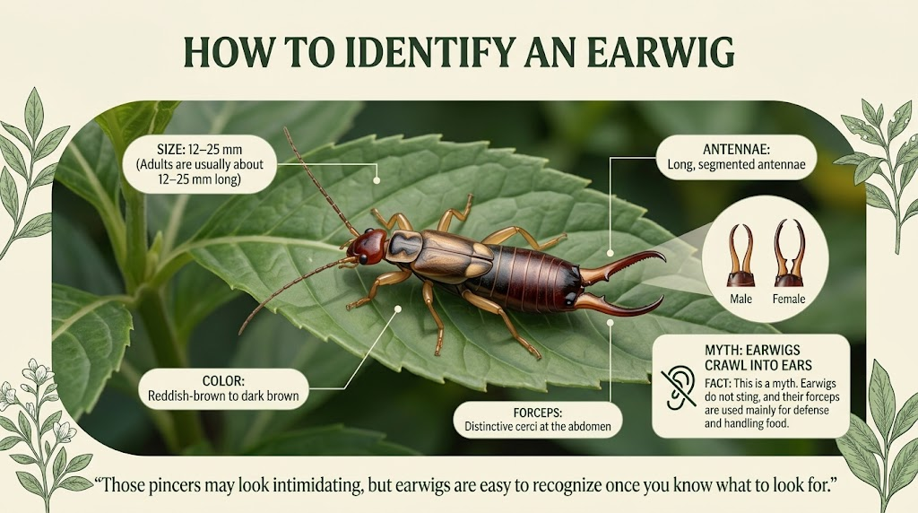 Close-up earwig showing key identification features, including its pincers and elongated body.