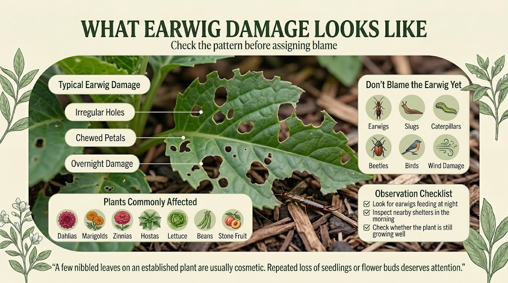 Earwig feeding damage on garden leaves with irregular holes and ragged edges.