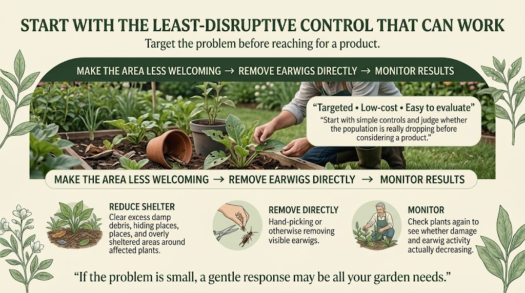 Natural earwig control methods focused on reducing hiding places and using simple traps.