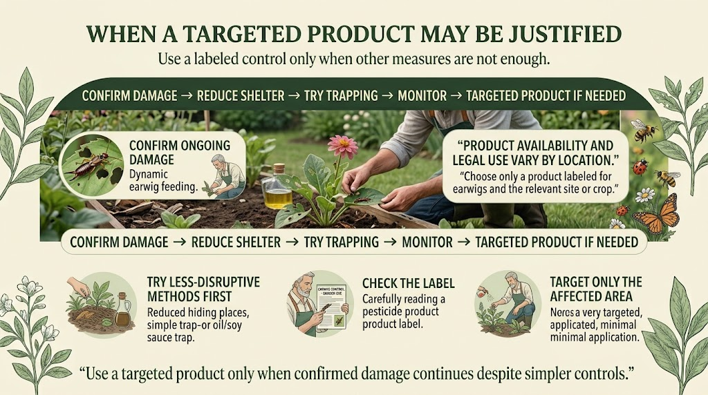 Targeted earwig control product being considered for a garden pest problem.