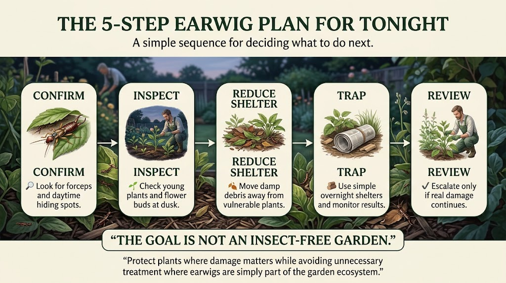 Five-step earwig control plan showing practical ways to identify, manage, and prevent earwig problems.