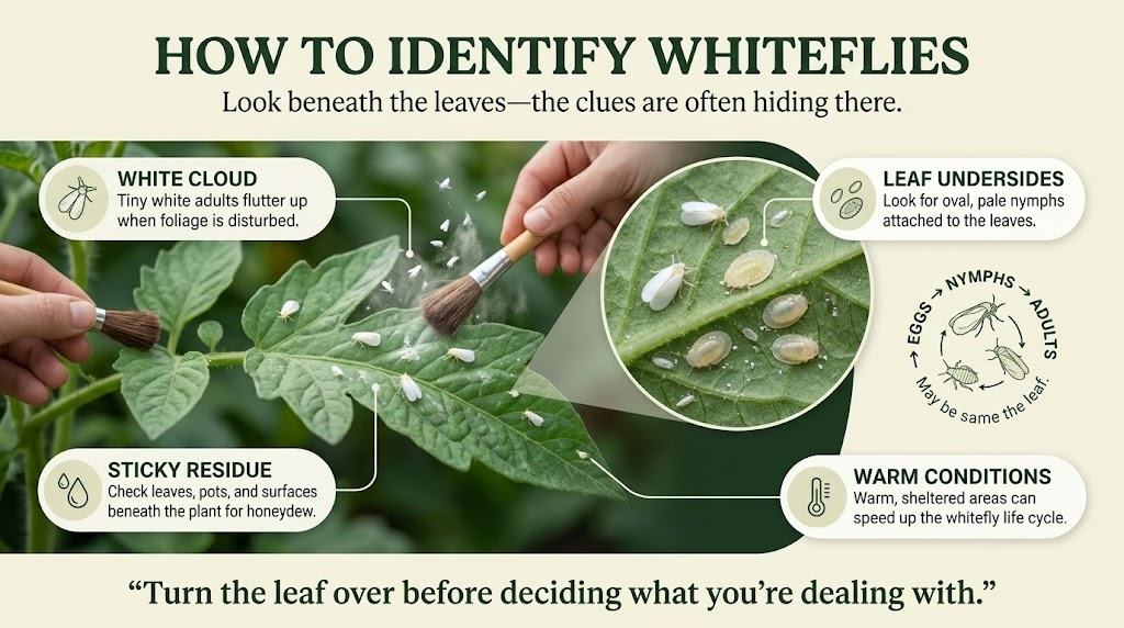 Close-up of whiteflies on the underside of a garden leaf for easy identification.