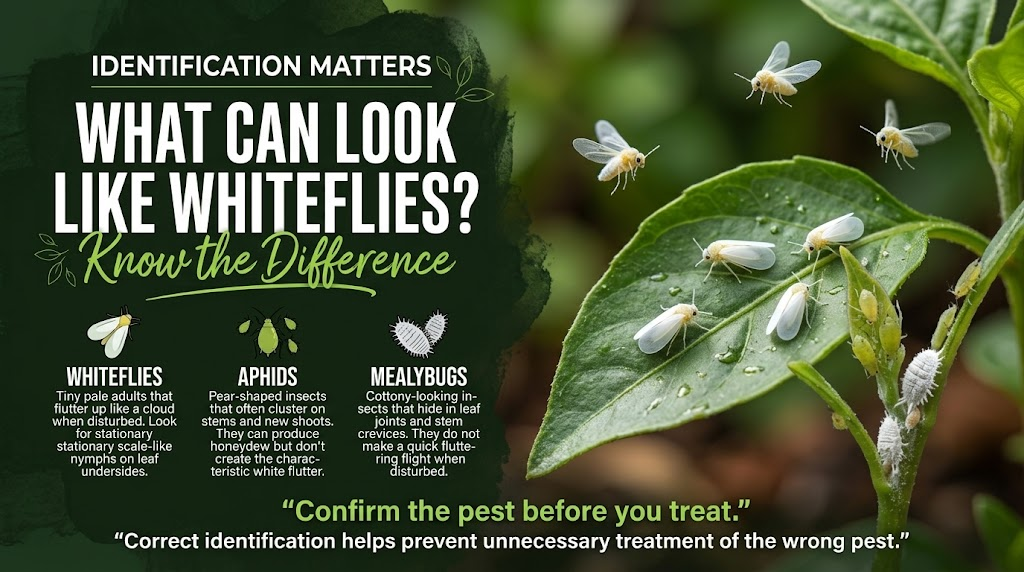 Small pale insects on a plant leaf that may be confused with other garden pests.