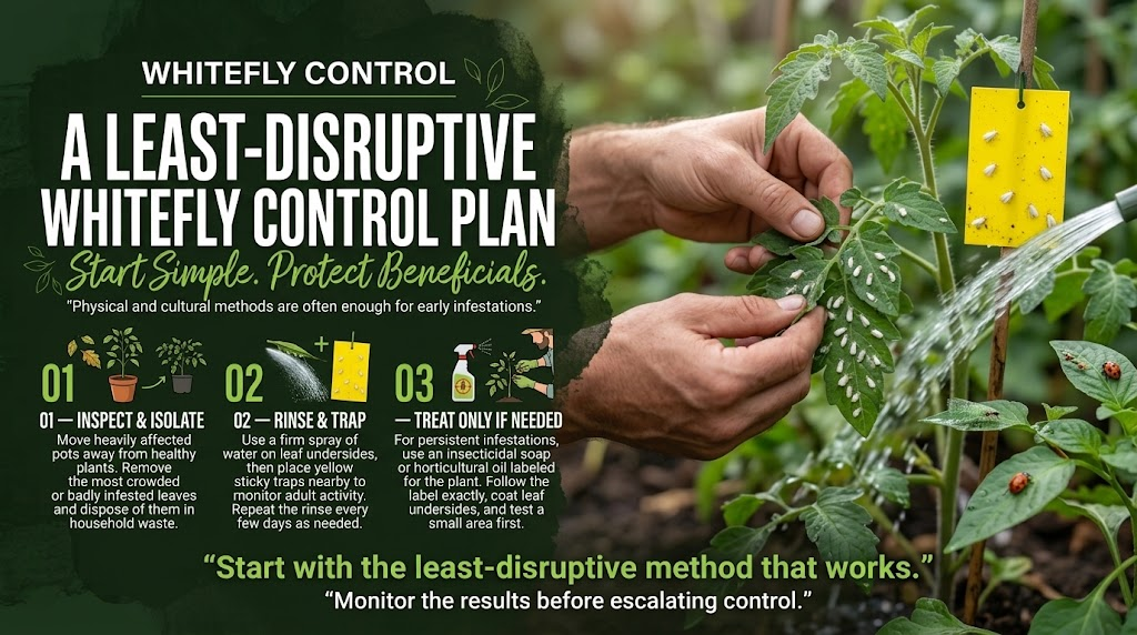 Low-impact whitefly control methods for protecting plants while reducing harm to beneficial insects.