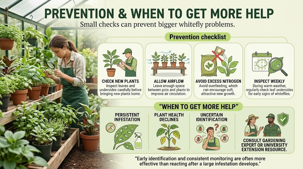 Healthy garden plants being monitored for whiteflies with preventative pest management practices.