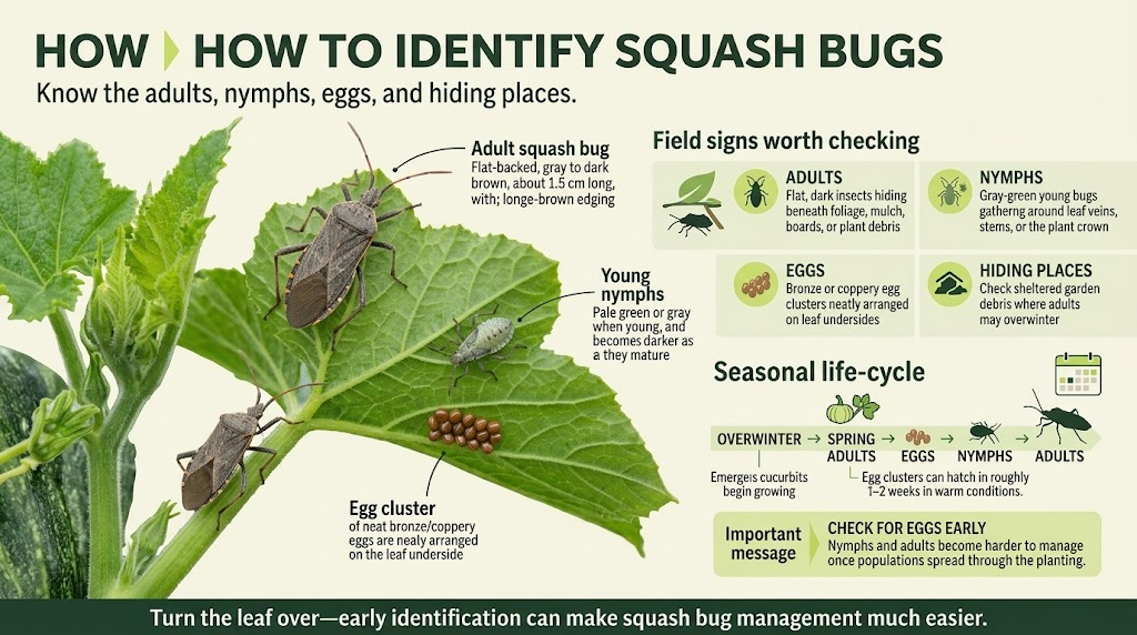 Squash bugs on a squash plant leaf, showing their brown, shield-shaped bodies and distinctive markings.