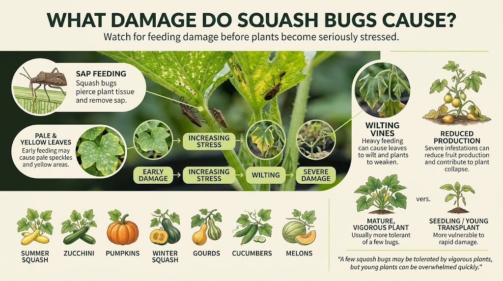 Squash bug feeding damage causing yellowing, wilting, and browning on squash plant leaves.
