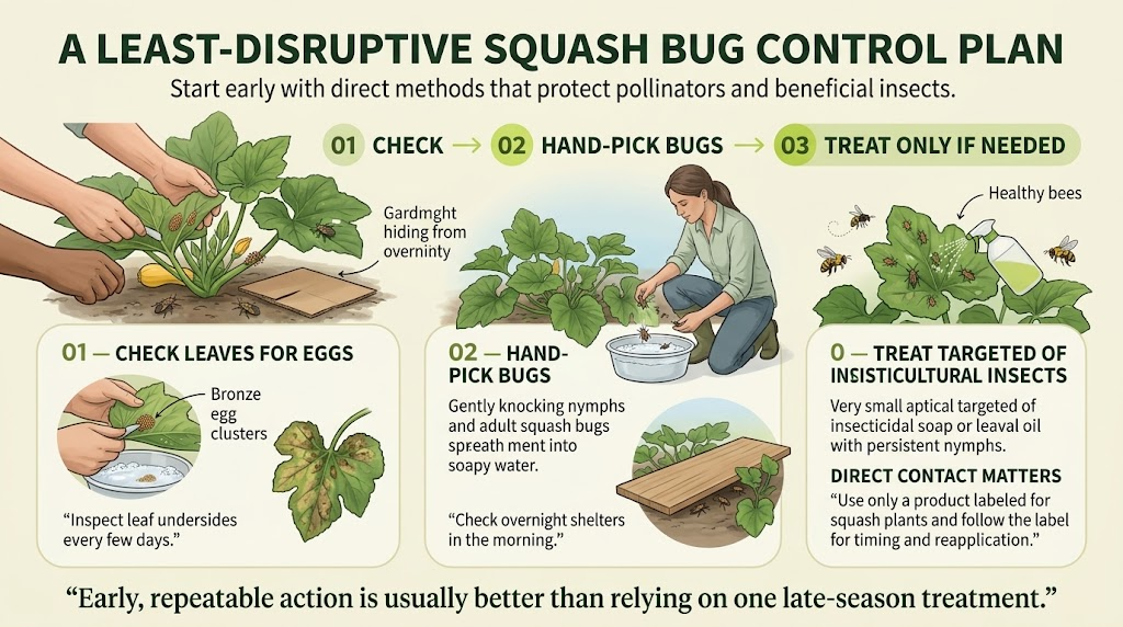 Healthy squash plants being monitored and protected with preventative squash bug management methods.