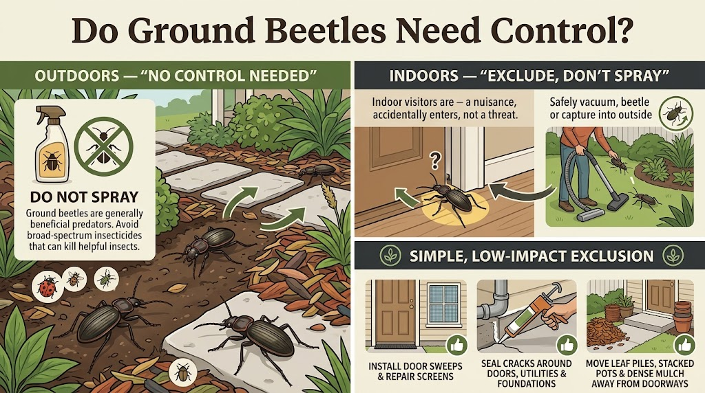 Ground Beetle: Identification, Benefits & Control Infographic explaining that ground beetles need no outdoor control and showing simple ways to prevent occasional indoor entry without spraying.