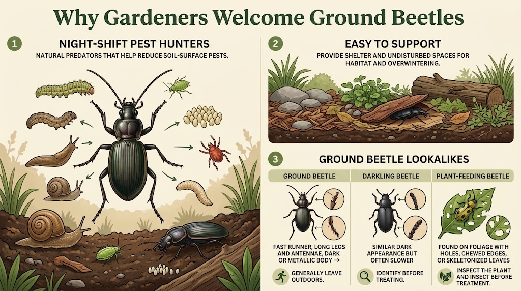 Ground Beetle: Identification, Benefits & Control Infographic showing ground beetles as beneficial garden predators, common pests they eat, supportive garden habitats, and differences between ground beetles, darkling beetles, and plant-feeding beetles.