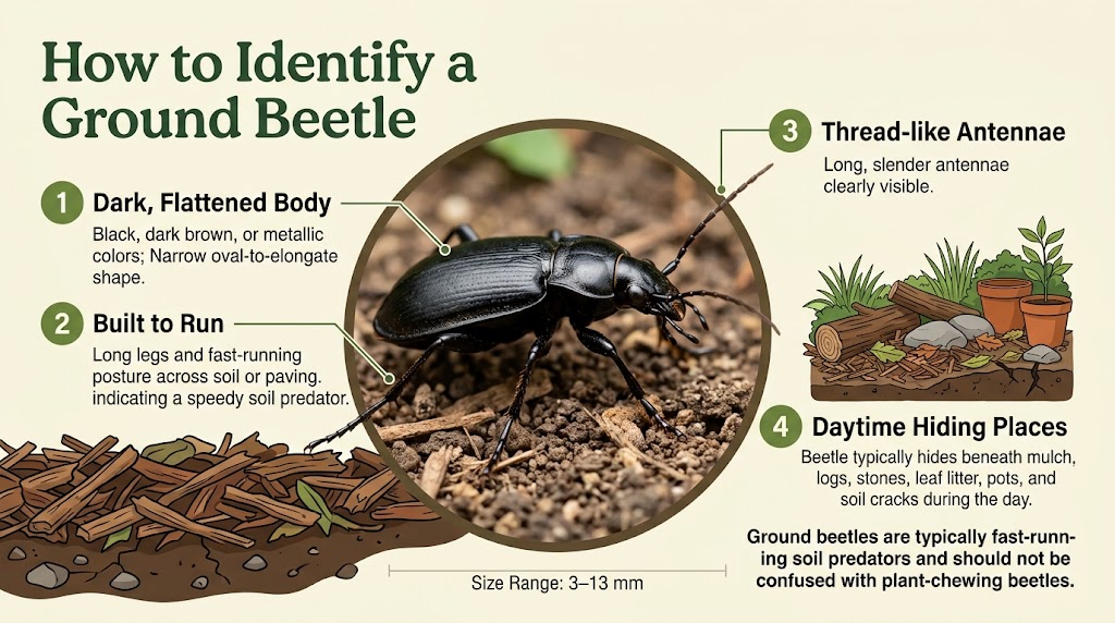 Ground Beetle: Identification, Benefits & Control Infographic showing how to identify a ground beetle by its dark flattened body, long legs, slender antennae, fast-running behavior, and daytime hiding places under garden cover.