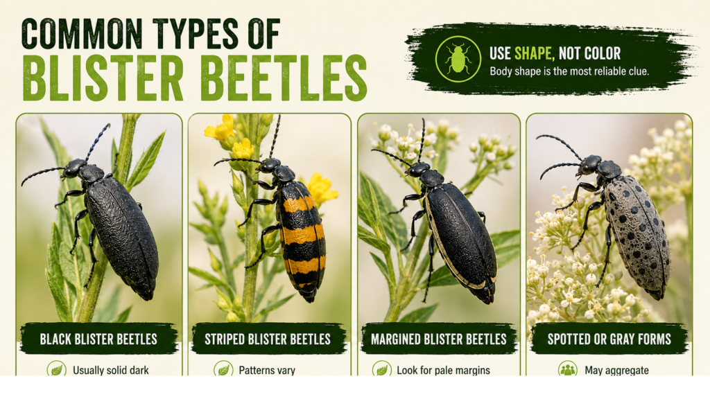 Different species of blister beetles with varied colors and markings