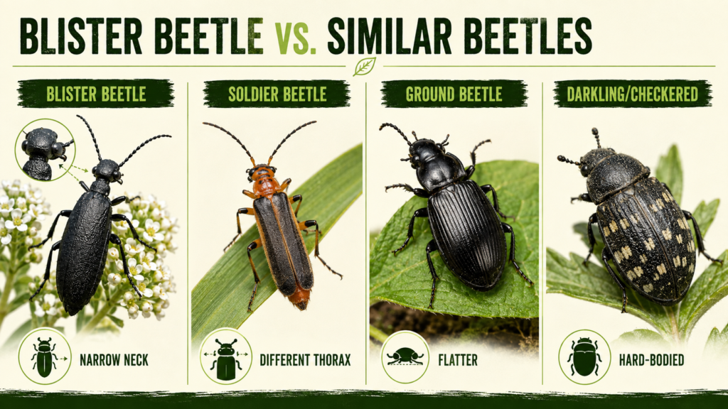 Blister beetle compared with similar-looking beetle species