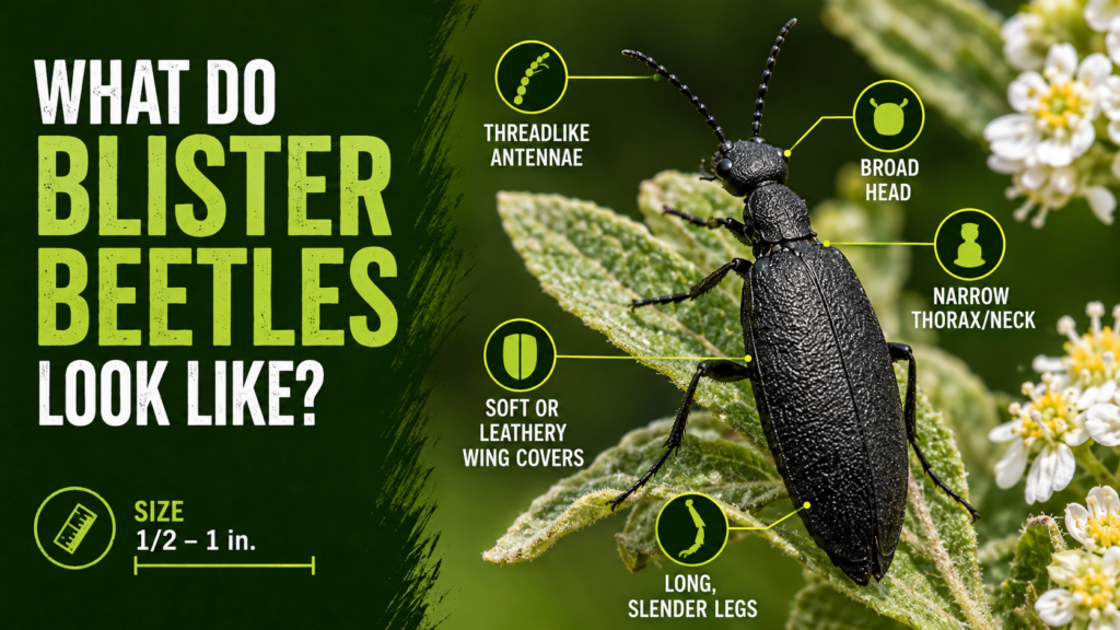 Blister beetle resting on a green plant leaf