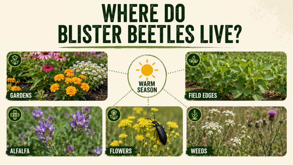 Blister beetle habitat with flowering plants and vegetation