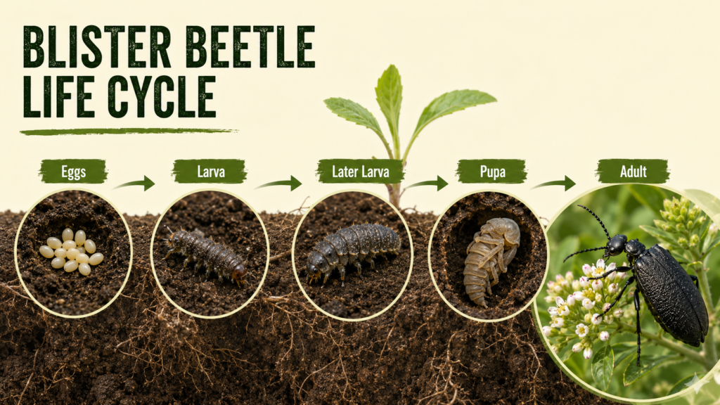 Blister beetle life cycle from egg and larva to adult beetle