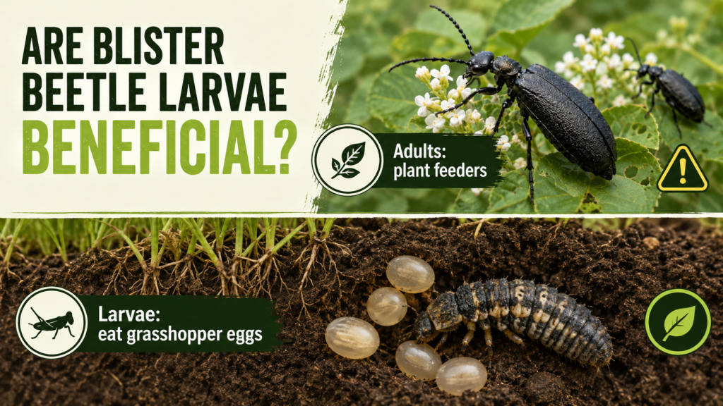 Blister beetle larva developing in soil near a plant