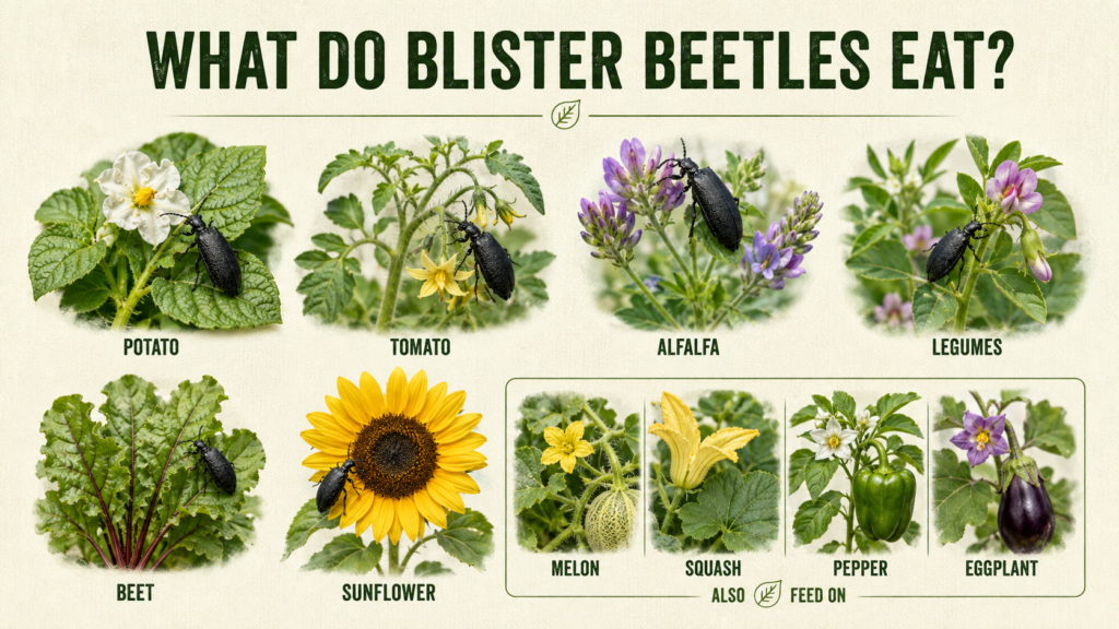  Blister beetle feeding on leaves and flowers
