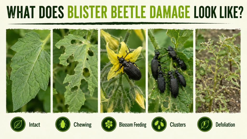 Plant leaves with visible damage caused by blister beetles