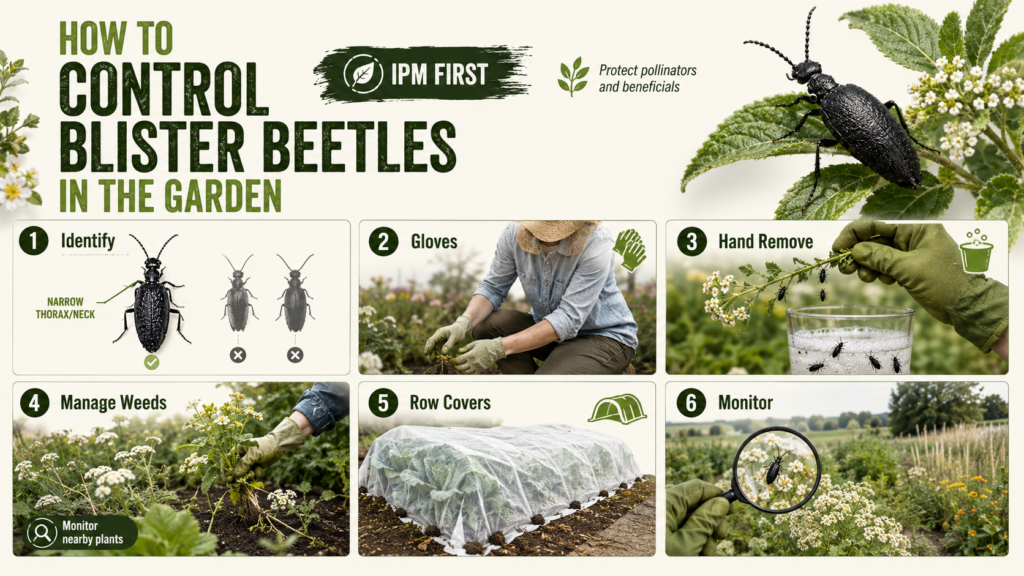 Gardener inspecting plants for blister beetles and garden damage