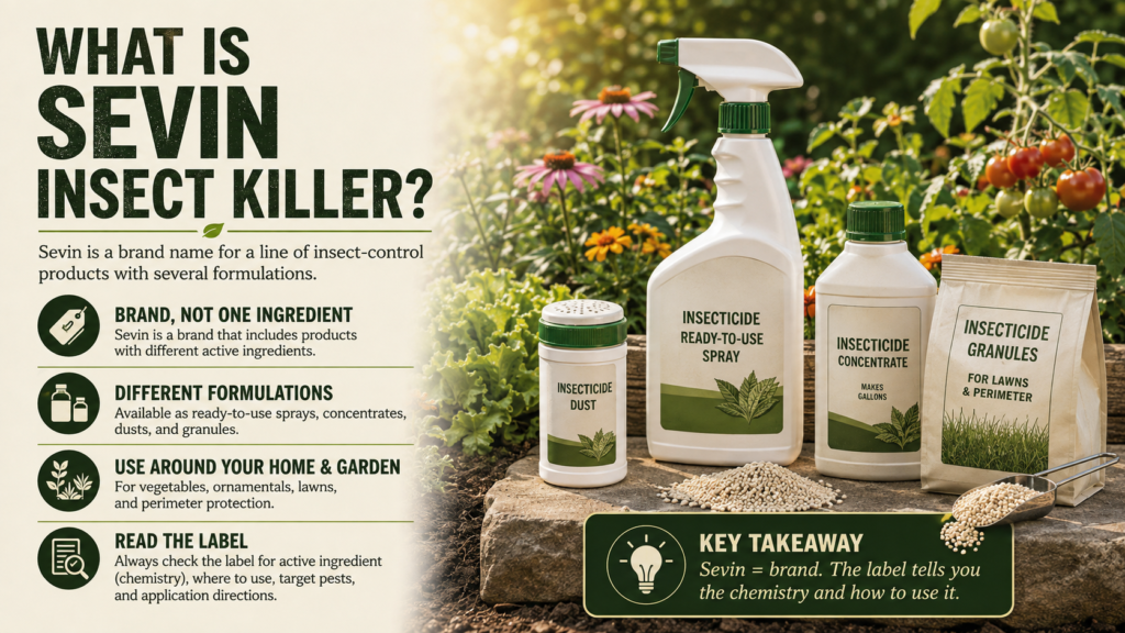 Sevin Insect Killer and Dust: Uses, Safety &Alternatives Infographic explaining Sevin insecticide products, their uses, formulations, and role in controlling garden and lawn pests.