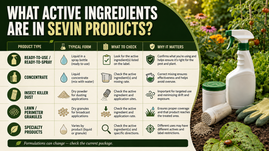 Sevin Insect Killer and Dust: Uses, Safety &Alternatives Infographic showing the different active ingredients used across Sevin insecticide products and why checking the product label matters.