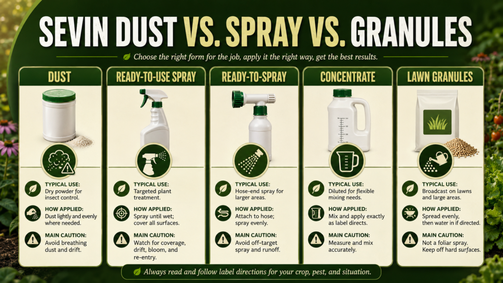 Sevin Insect Killer and Dust: Uses, Safety &Alternatives Infographic comparing Sevin dust, spray, and granular formulations by application method, target site, and use.