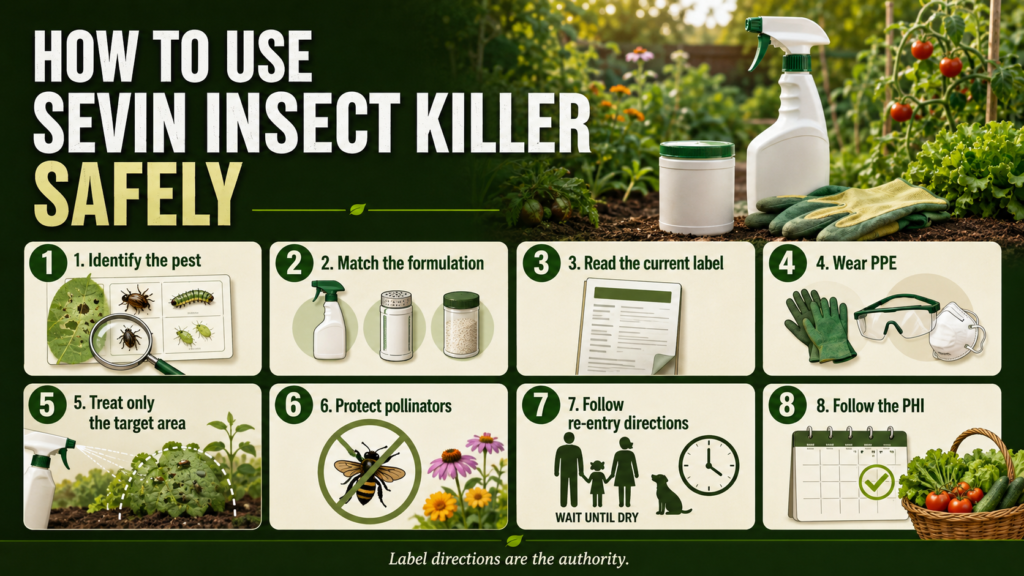 Sevin Insect Killer and Dust: Uses, Safety &Alternatives Infographic showing key steps for safely using Sevin insecticide, from identifying pests and reading the label to protecting people, pets, and pollinators.