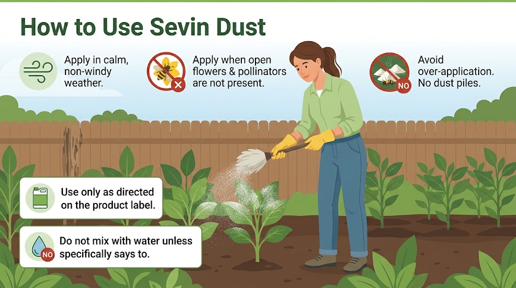Sevin Insect Killer and Dust: Uses, Safety &Alternatives Infographic showing how to apply Sevin dust as a light, even coating while avoiding wind, excessive application, and open blooms.